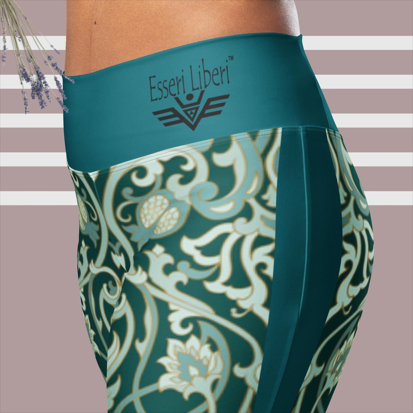 Women's flared leggings, high waist, push up, flower pattern, petrol green, Esseri Liberi