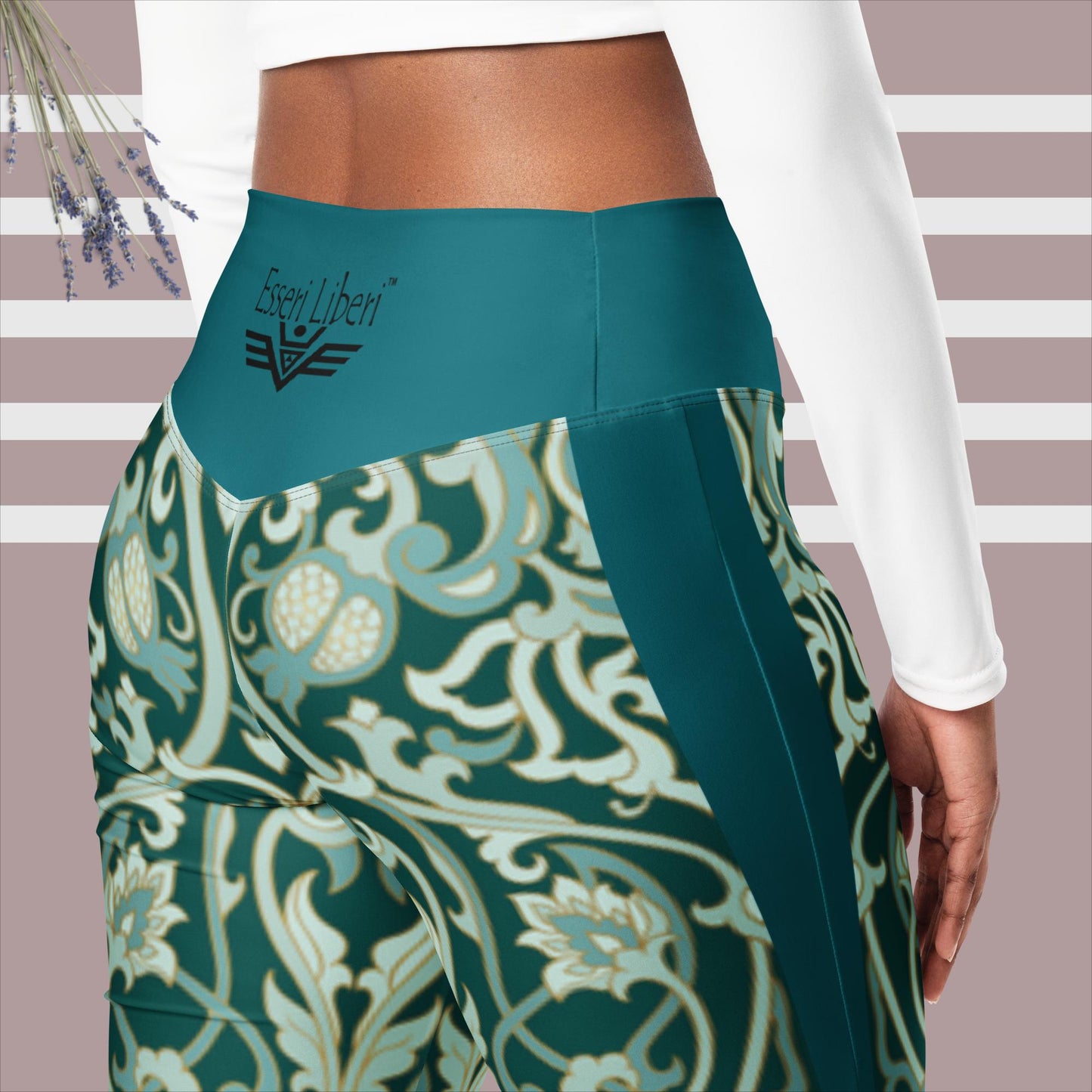 Women's flared leggings, high waist, push up, flower pattern, petrol green, Esseri Liberi