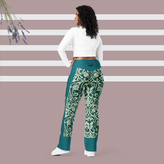 Leggings donna svasati, vita alta, push up, fantasia fiori, verde petrolio, Esseri Liberi