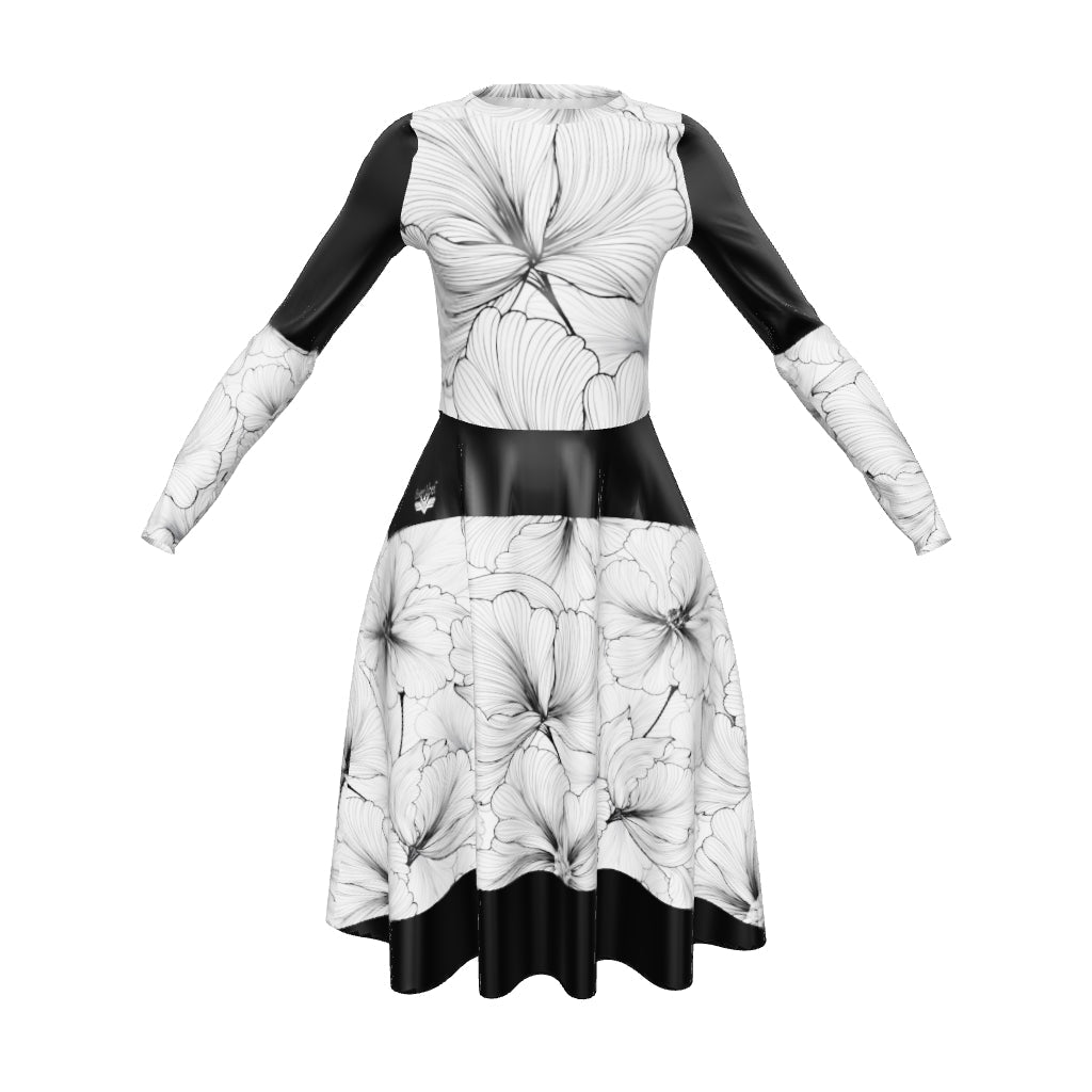 Vestito midi donna fantasia fiori nero/bianco manica lunga Esseri Liberi